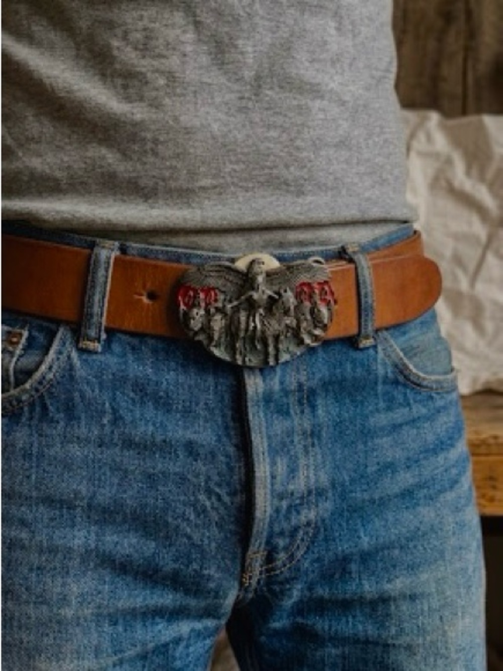 Siskiyou American Indian Chief USA Eagle Buffalo Buckle Leather Belt - Brown